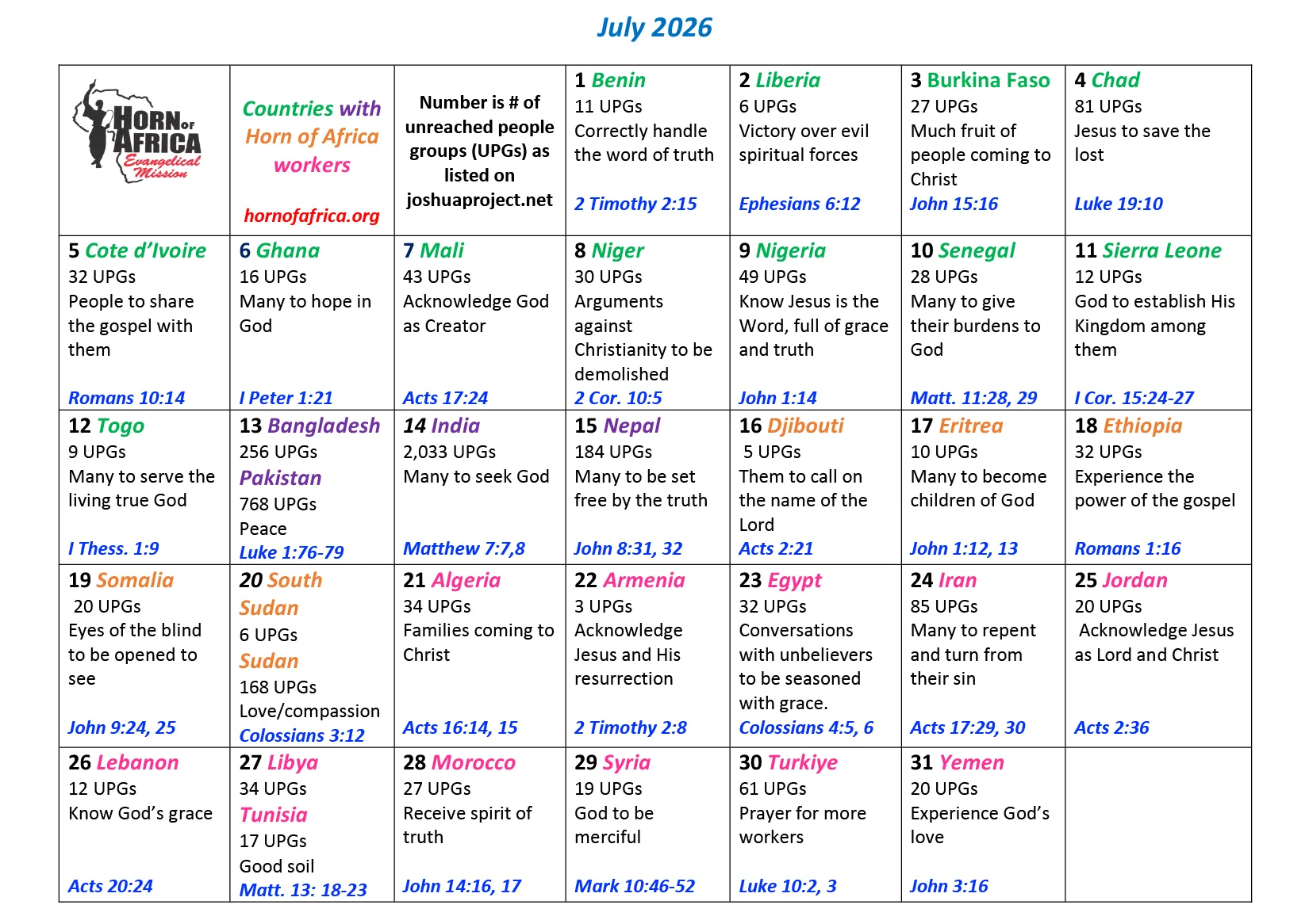 July 2026 Prayer Calendar