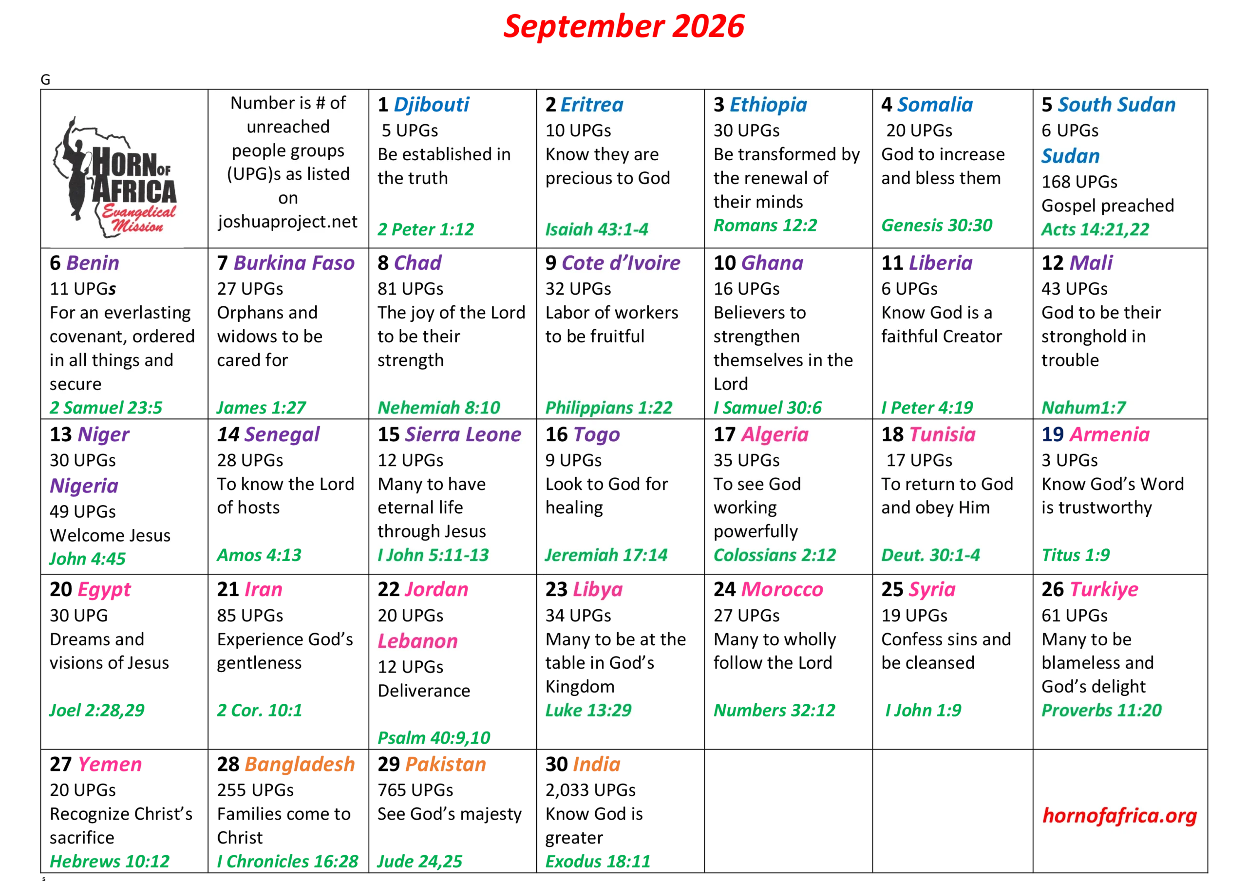 HOAM September Prayer Calendar